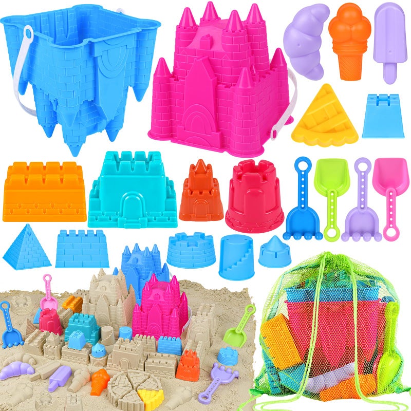 FUSPWEAO Beach Toys Sand Toys for Kids, Sand Castle Toys for Beach with 2 Sand Castle Bucket and Mesh Bag, Sand Molds, Shovels and Rakes, Sandbox Toys for Toddlers, Travel Beach Toys for Kids 3-10 - Image 1